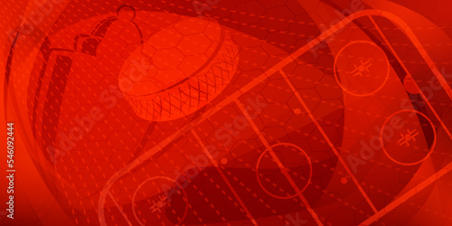 Abstract background in red colors with different hockey symbols such as puck, stick, ice rink, cup