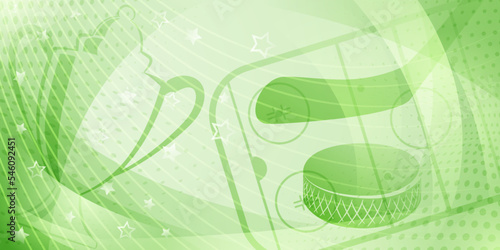 Abstract background in light green colors with different hockey symbols such as puck, stick, ice rink, cup