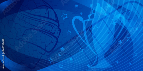 Abstract background in blue colors with different hockey symbols such as puck, helmet, ice rink, cup