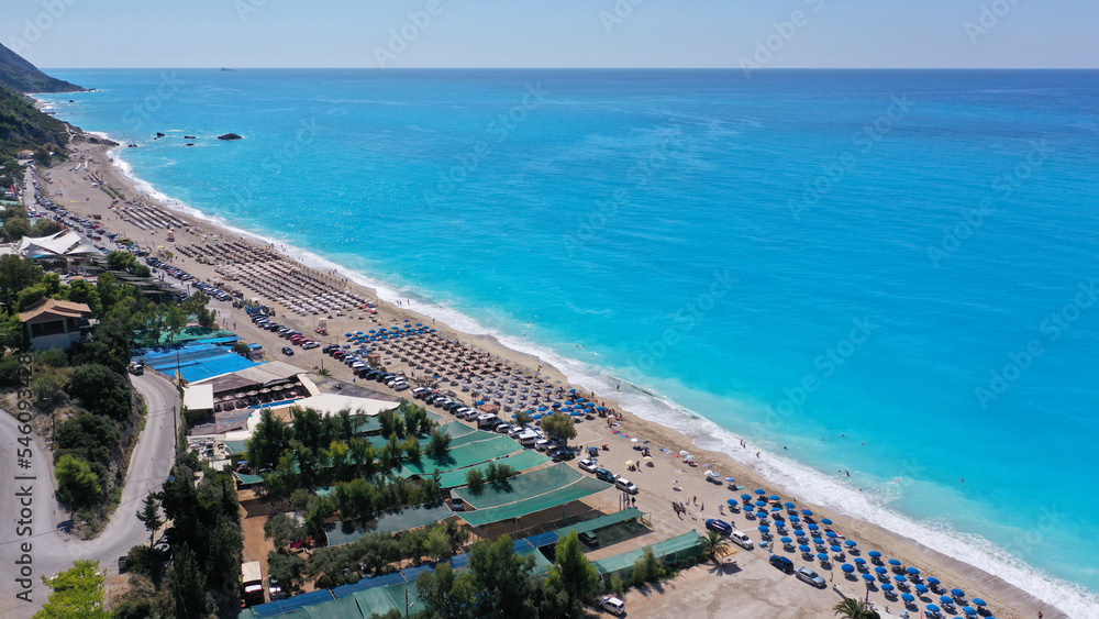 Naklejka premium Aerial drone photo of famous paradise bay and beach of Kathisma with deep turquoise sea in island of Lefkada, Ionian, Greece