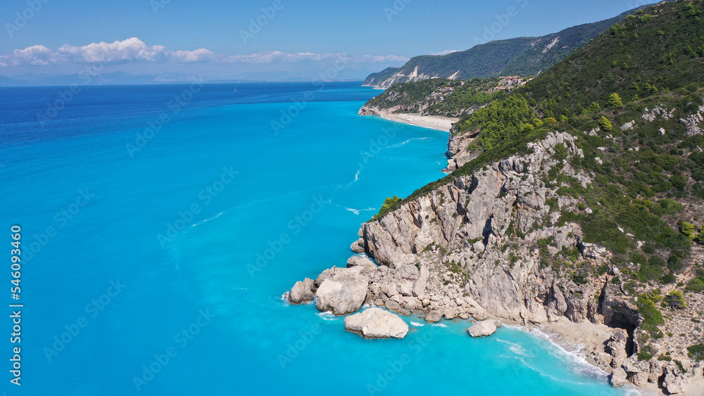 Aerial drone photo of famous paradise bay and beach of Kathisma with deep turquoise sea in island of Lefkada, Ionian, Greece