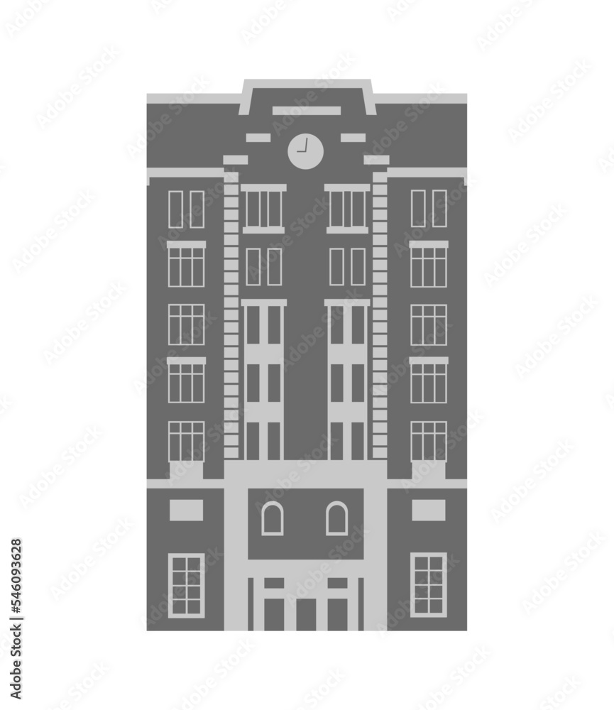 Building silhouette with clock. Urban retro style. Facade of the house, front view. European style. Template for architecture city. Flat vector illustration isolated on white background