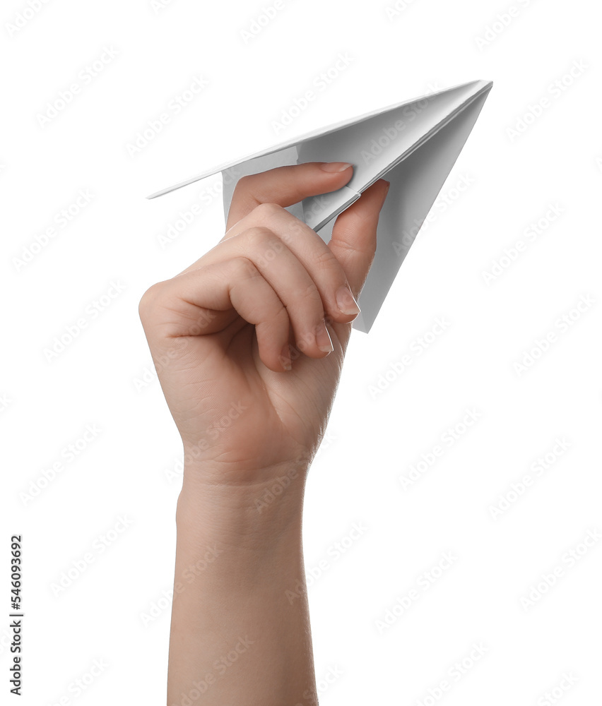Woman holding paper plane on white background Woman holding paper plane on white background
