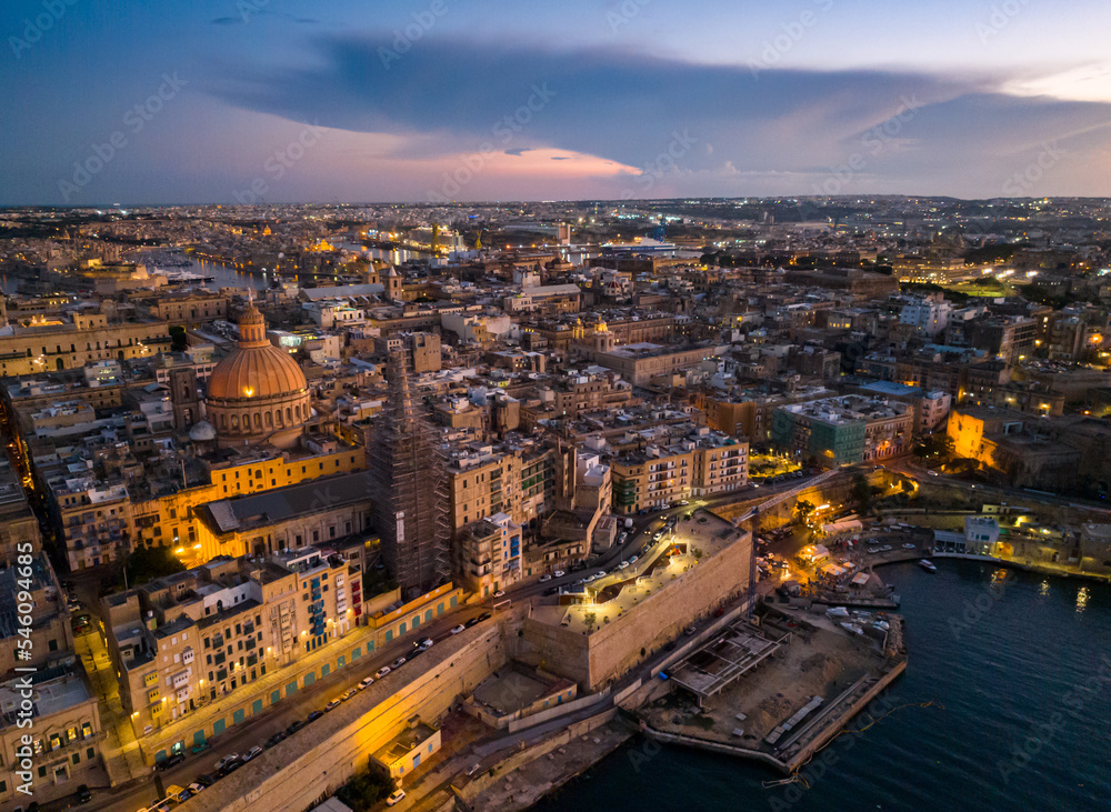 Aerial drone view of Valletta city- capital of Malta. Evening, sunset sky