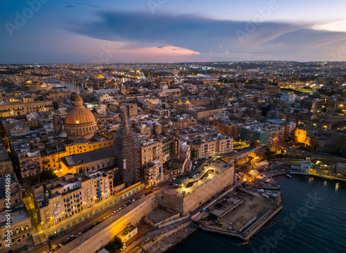 Aerial drone view of Valletta city- capital of Malta. Evening, sunset sky