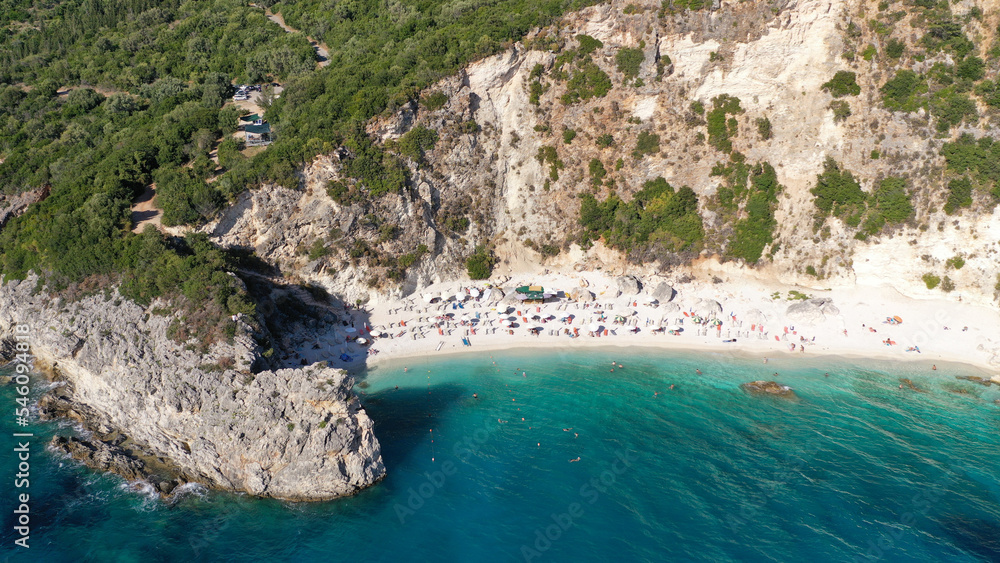 Aerial drone photo of famous paradise beach of Agiofili in island of Lefkada, Ionian, Greece