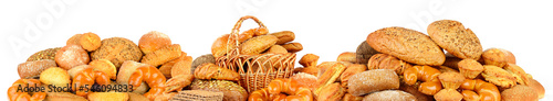 Panoramic photo bread products and variety buns isolated on white
