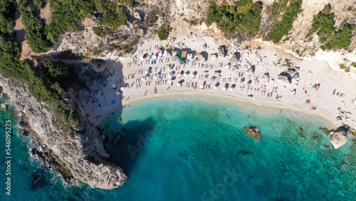 Aerial drone photo of famous paradise beach of Agiofili in island of Lefkada, Ionian, Greece