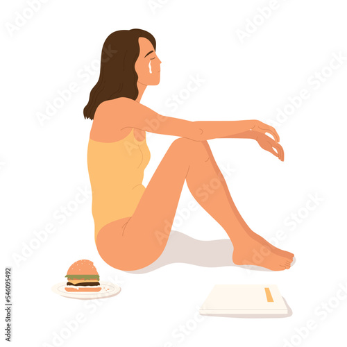 The girl is afraid to eat burger, weigh herself and cries. Rejection of yourself, body shaming, eating disorder. Anorexia, bulimia, depression concept. Vector illustration in cartoon style.	
