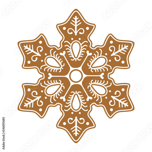 Gingerbread snowflake with icing decoration. Vector illustration