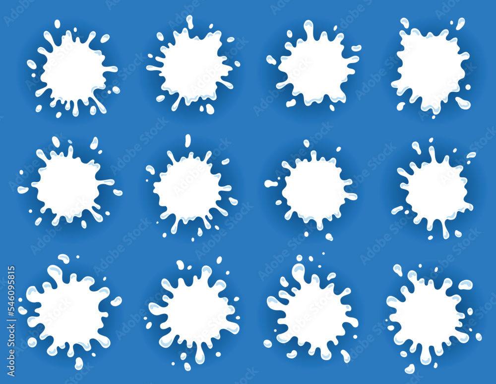 Milk labels set with drops and splashes. Milk badge of creative package. Liquid amoeba shapes. Vector design milk symbol. Background with place for text Milk labels set with drops and splashes. Milk badge of creative package. Liquid amoeba shapes. Vector design milk symbol. Background with place for text