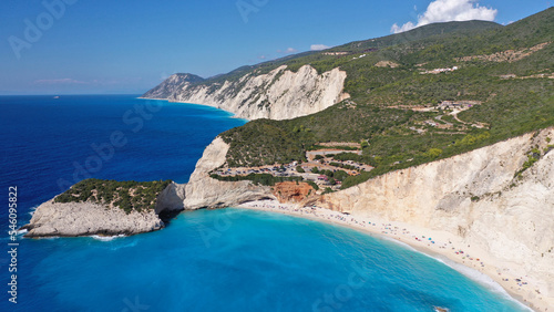 Aerial drone photo of paradise scenic bay surrounded by white cliffs and beach of Porto Katsiki in island of Lefkada, Ionian, Greece