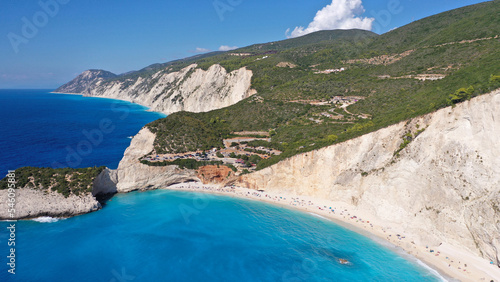 Aerial drone photo of paradise scenic bay surrounded by white cliffs and beach of Porto Katsiki in island of Lefkada, Ionian, Greece