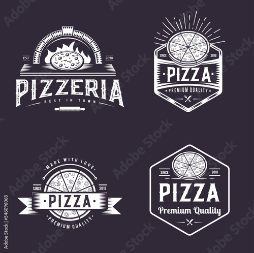 Vintage Pizza restaurant badge logo design. Retro Emblem branding for a pizzeria. Hand drawing sign illustration. Fire oven fast food symbol