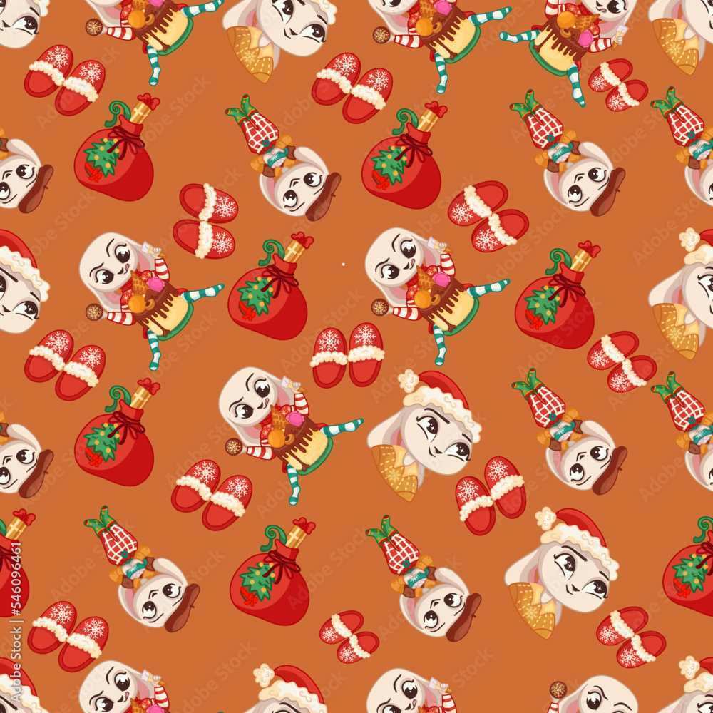 Fototapeta premium Christmas, New Year pattern with bunny, slippers, winter plants, sweets on a brown background. Bright, festive background with brownies, fir branches, berries, bunnies.
