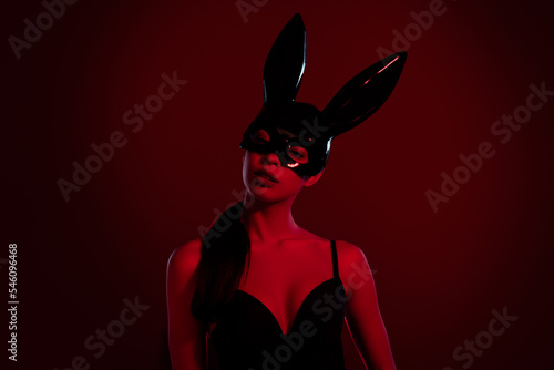 Fotografie Photo of attractive elegant mistress lady lover wear rabbit costume in night clu