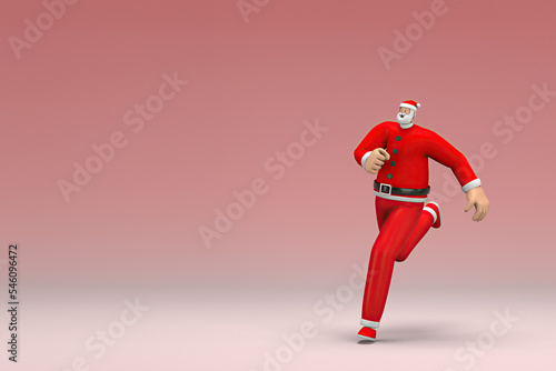 A man wearing Santa Claus costume is running. 3d rendering of cartoon character in acting.