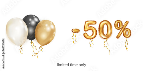 Discount creative illustration with white, black and gold helium flying balloons and golden foil numbers. 50 percent off. Sale poster with special offer on white background