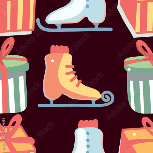 Pattern with christmass gifts and winter pair of skates. Vector, seamless. photo