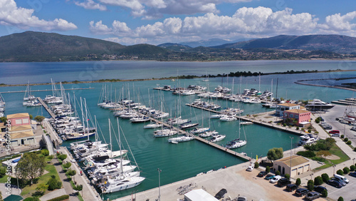 Aerial drone photo of famous marina of Lefkada island town with anchored yachts and sailboats, Ionian, Greece