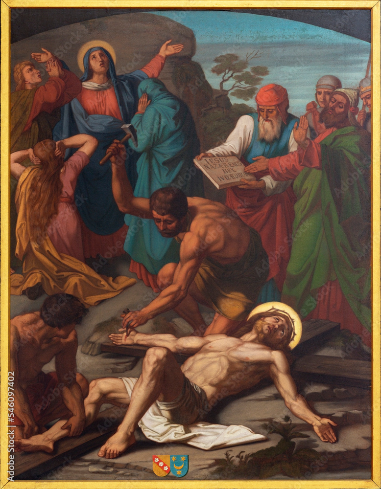LUZERN, SWITZERLAND - JUNY 24, 2022: The painting  Jesus is nailed the the cross as part of Cross way stations in the church Franziskanerkirche from 19. cent.