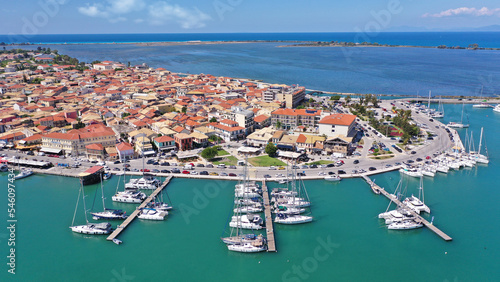 Aerial drone photo of famous main town of Lefkada island with traditional Ionian architecture and safe anchorage for yachts and sail boats, Greece