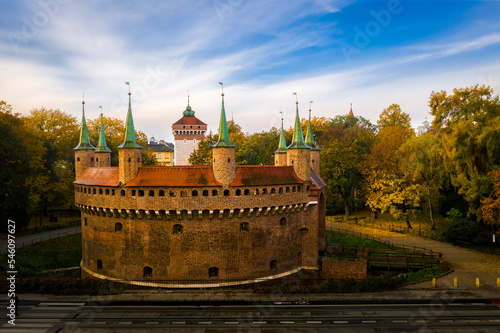 Barbican and St. Florian's Gate in Krakow in autumn scenery
