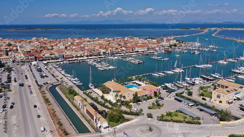 Aerial drone photo of famous marina of Lefkada island town with anchored yachts and sailboats, Ionian, Greece © aerial-drone