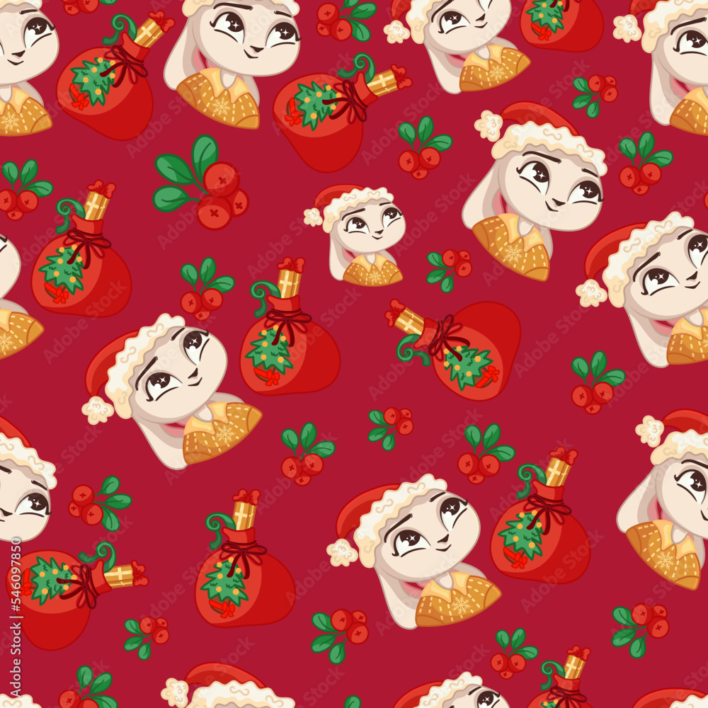 Christmas, New Year pattern with bunny, winter plants, sweets, gifts on a red background. Bright, festive background with brownies, fir branches, berries, bunnies. Christmas, New Year pattern with bunny, winter plants, sweets, gifts on a red background. Bright, festive background with brownies, fir branches, berries, bunnies.