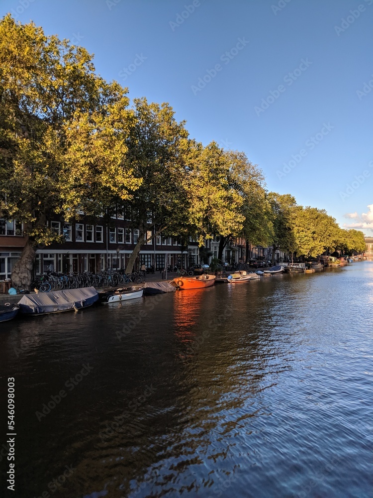 River channel with boats on a sunny day Utrecht, Netherlands