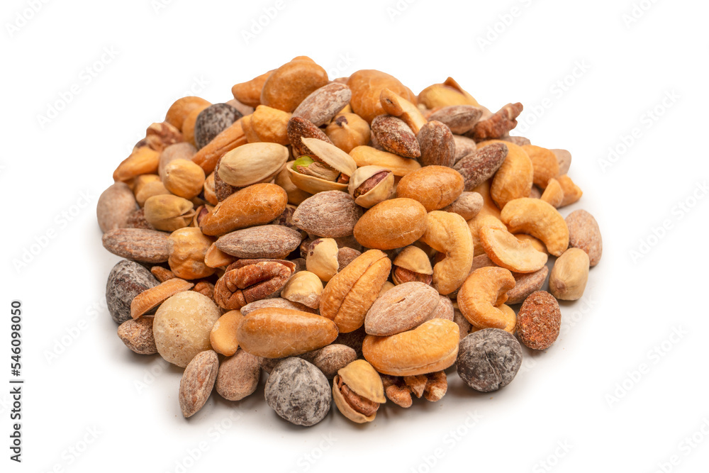 A group of almonds, pistachios, walnuts, macadamia, cashews. A group of almonds, pistachios, walnuts, macadamia, cashews.