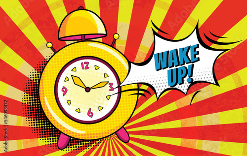 Comic alarm clock. Pop art colorful and dynamic cartoonish icon in retro style. Vector bright cartoon object with halftone dots shadow and expression wake up in speech bubble