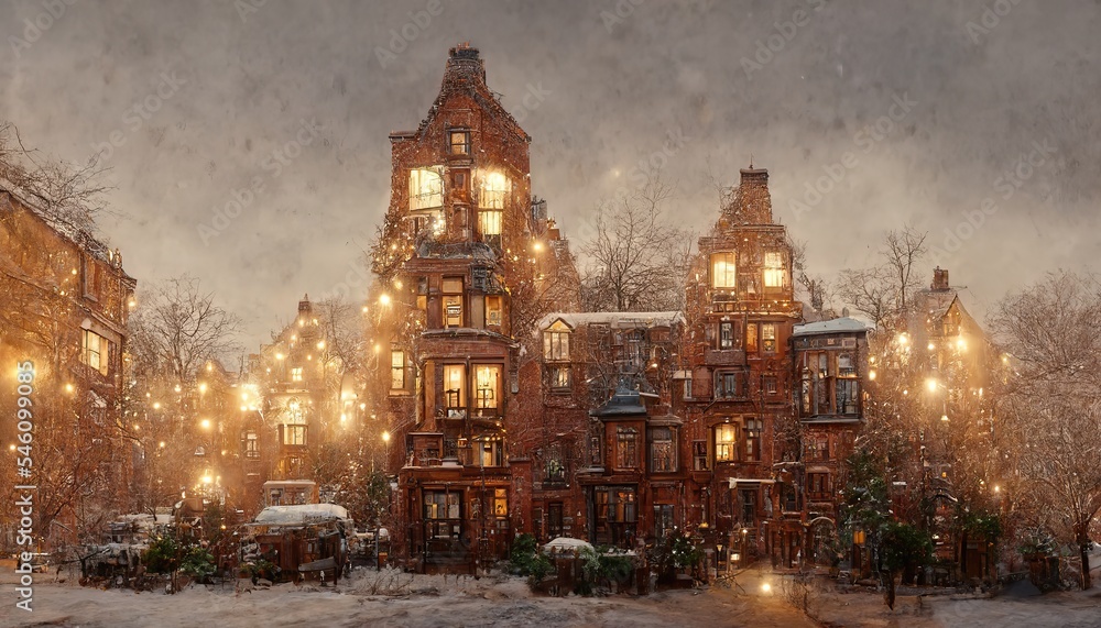 Christmas eve in the big city, golden lights, brownstones buildings at evening, greeting card design 