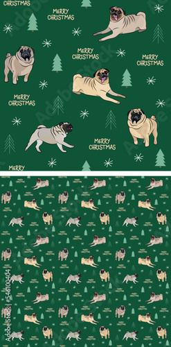 Seamless pug dog pattern, holiday texture. Square format, t-shirt, poster, packaging, textile, textile, fabric, decoration, wrapping paper. Trendy hand-drawn mops dogs wallpaper. Holiday background.