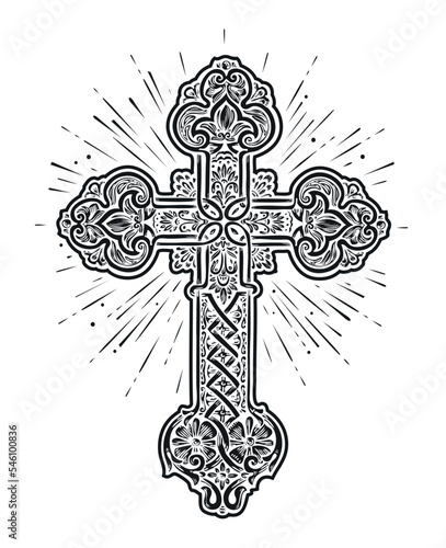 Shining ornate Christian Cross. Church sign. Symbol of faith in God. Sketch vintage vector illustration