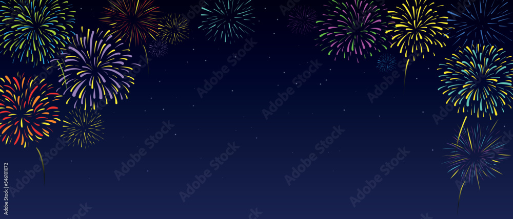 Vector fireworks in Night Starry Sky Background Template New Year Holiday and Celebration Banner Design. Colorful Bright Fireworks Fireworks Show. Fireworks Frame Cultural Celebrate Backdrop Billboard