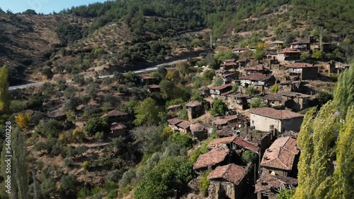 Drone round moving footage of abandoned lubbey village aka camyayla village in izmir ,turkey