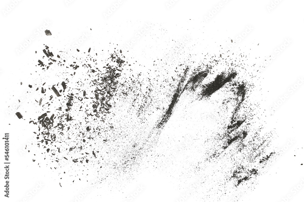  Black charcoal dust, gunpowder isolated on white background and texture, top view