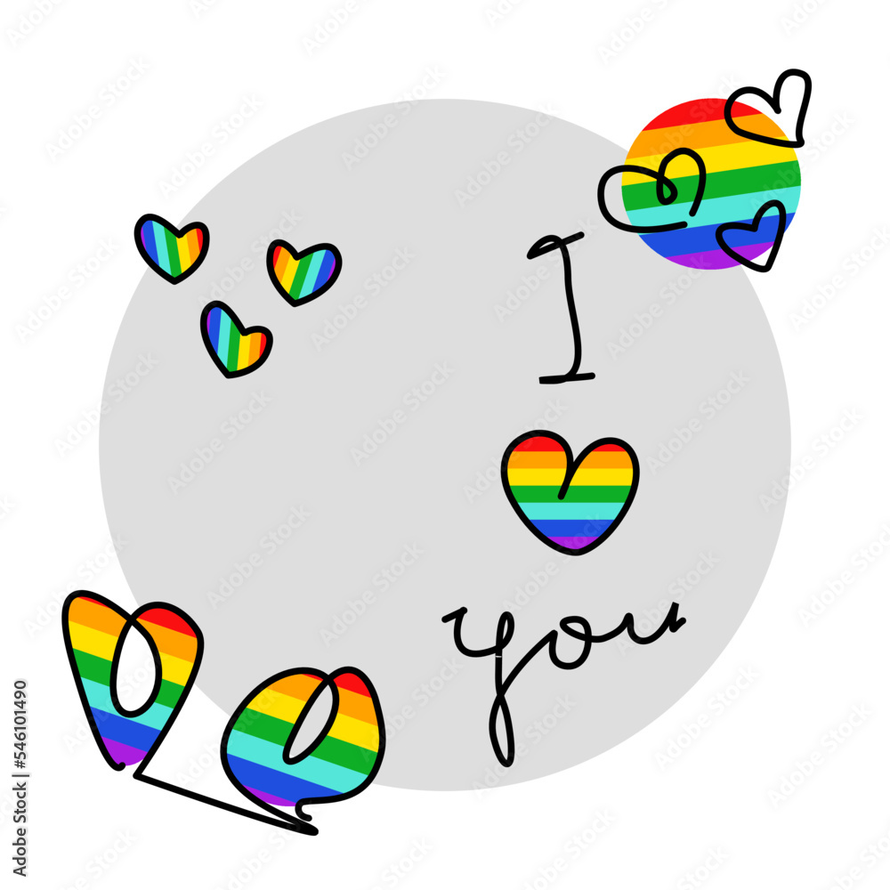 Fototapeta premium Handwriting lettering on retro style for card, t-shirts, posters, etc. Black, grey, rainbow colors. Hearts, I love you lettering on circle shape. LGBT. Vector design banner, simple set.