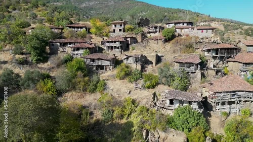 Drone sideway footage of abandoned lubbey village aka camyayla village in izmir ,turkey