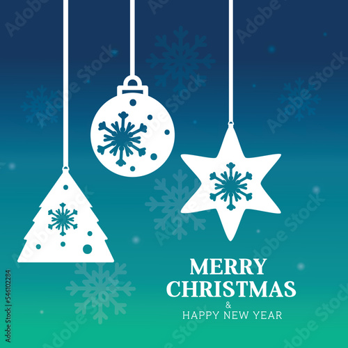 Merry Christmas card with vector holiday background and stylish hanging ornaments.