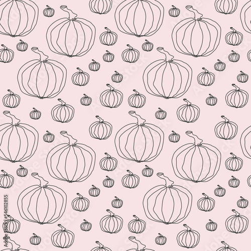 Seamless abstract pattern with pumpkins. Pink, black colors. Line art elements. Vector. Designs for textile fabrics, wrapping paper, background, wallpaper, cover.