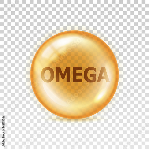 Vitamin omega icon. Yellow orb pill isolated on transparent background. Big shape glass circle. Oil 3d bubble. Round sphere nutrition. Collagen orange color. Concentrate omega. Vector illustration