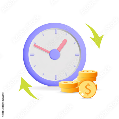 3d vector realistic render alarm Clock timer with stack of coins and arrow Time is money concept banner design