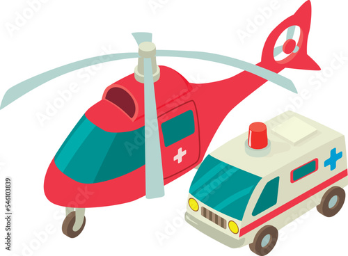 Medical transport icon isometric vector. Red helicopter and ambulance car icon. Ambulance, transport photo