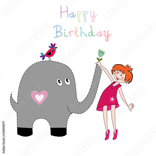 Felicitación de cumpleaños con elefante y niña feliz 2.