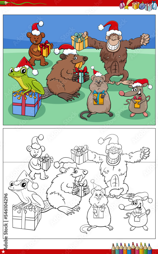 cartoon animal characters on Christmas time coloring page