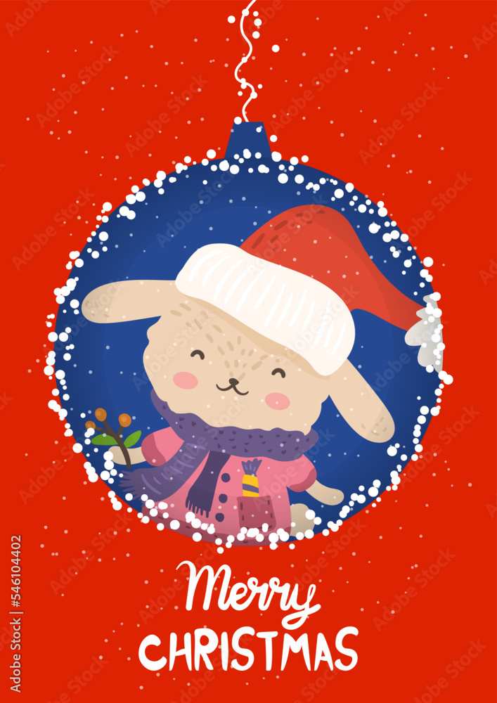 Cartoon illustration for holiday theme with happy bunny.Greeting card for Merry Christmas and Happy New Year. Art for children postcards, banners,clothes and web site.Vector illustration. Cartoon illustration for holiday theme with happy bunny.Greeting card for Merry Christmas and Happy New Year. Art for children postcards, banners,clothes and web site.Vector illustration.