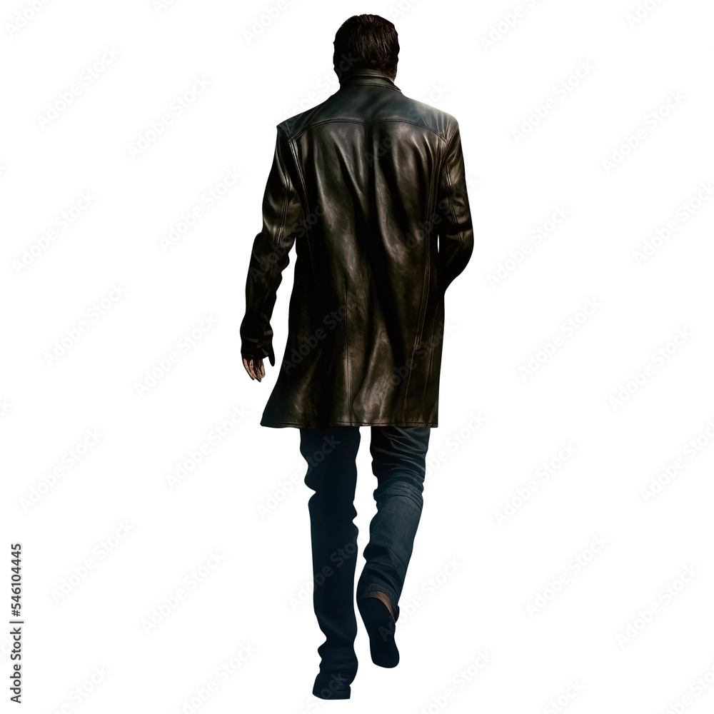 Man walking away wearing a black long leather trench coat. Black haired man  looking away. Mysterious noir private detective. Transparent background.  Illustration Stock | Adobe Stock