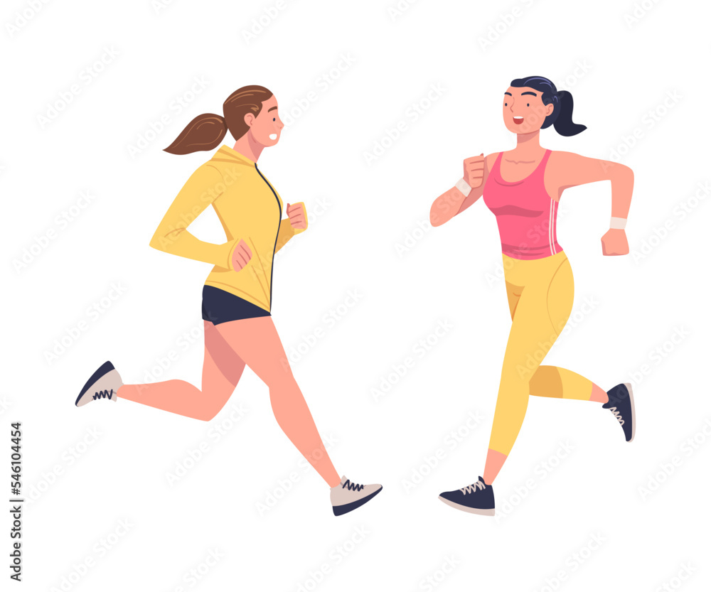Woman Character Running in Sportswear and Trainers Engaged in Sport Training and Workout Vector Set